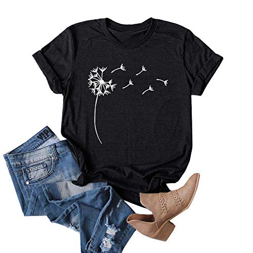 cicy bell damen t-shirt mit löwenzahn druck, rundhals, kurzarm, schwarz, size L