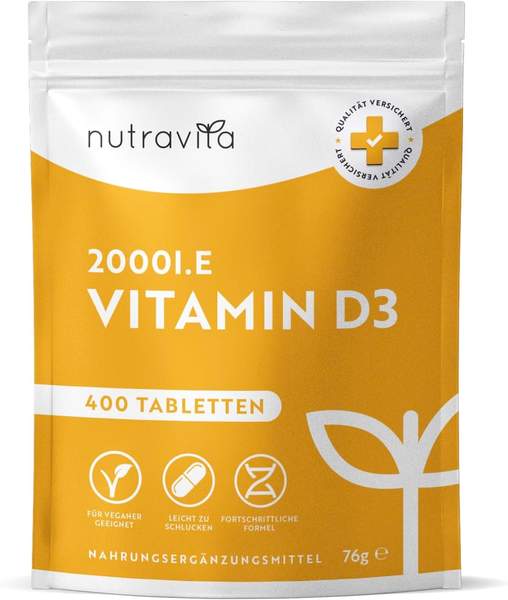 Vitamin D3 2000 I.E, 400 Tabletten - hochdosiert für Immunsystem, Knochen, Nutravita