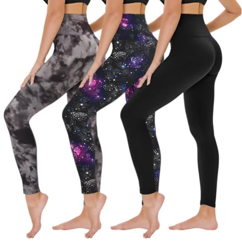 TNNZEET leggings damen 3er pack high waist blickdicht sport gym schwarz tie-dye S-M