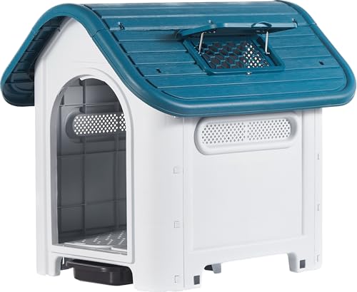 Produktbild: hundehütte lanco für kleine hunde mit schiebedach und toilette, 75 x 59 x 66 cm blau-weiß