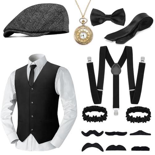 20er jahre herren kostüm set mit accessoires, mafia, peaky blinders, wearxi (schwarz-2, m)