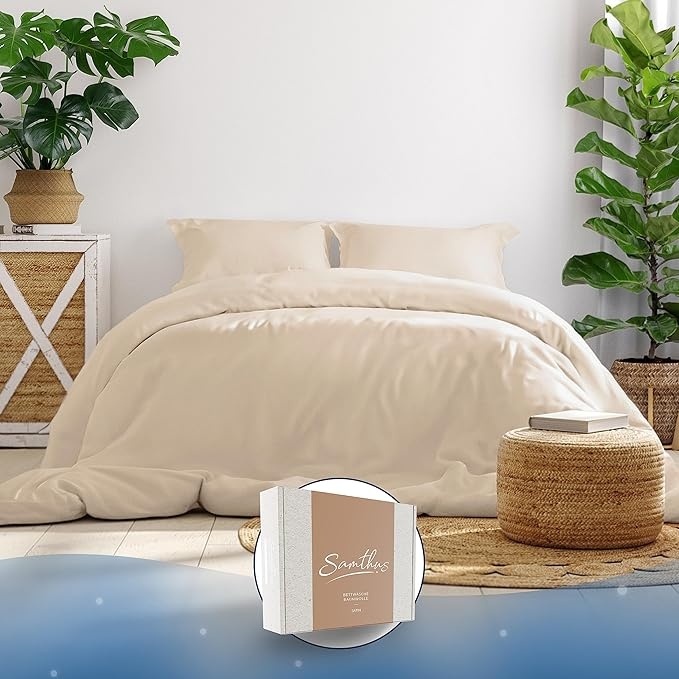 Samthus Bettwäsche 135x200 Baumwolle Satin Oeko-Tex - Beige, Set 1x Bettbezug + 1x Kissenbezug 80x80