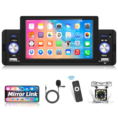 podofo 1-din autoradio mit bluetooth, 5'' touchscreen, mirror link, usb, rückfahrkamera