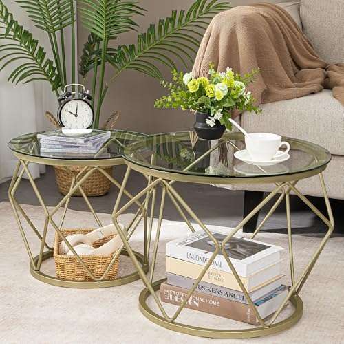 hzuaneri rundes couchtisch set 2er beistelltische metallrahmen gold für wohnzimmer und büro