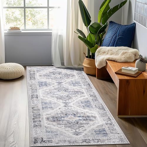 Produktbild: topick teppichläufer grau waschbar vintage blume 60x300cm rutschfest für flur küche wohnzimmer