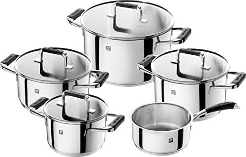 kochtopfset 5-teilig induktionsgeeignet edelstahl mit glasdeckel und silikongriffen, cornella poletto by zwilling