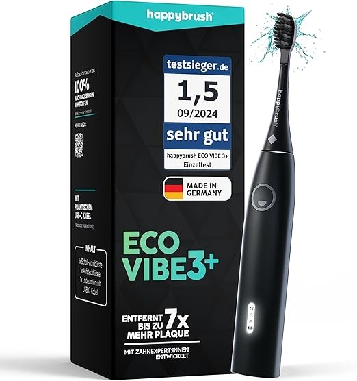 happybrush Schallzahnbürste Eco Vibe 3+ - Elektrische Zahnbürste mit 8 Wochen Akku - Schwarz