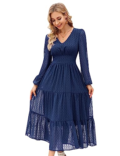kojooin abendkleid damen lang elegant v-ausschnitt dünner langer ärmel navy blau xl