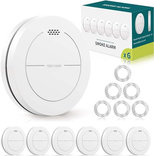 rauchmelder 6er set ohne blinkende led, 10 jahre batterie, 85 dB alarm, klebepads