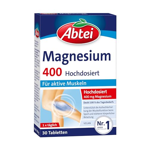 magnesium 400 abtei hochdosiert für aktive muskeln, glutenfrei, vegan, 30 tabletten