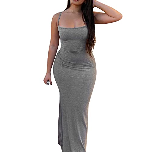 damen bodycon maxikleid spaghettiträger casual basic grau-1, L