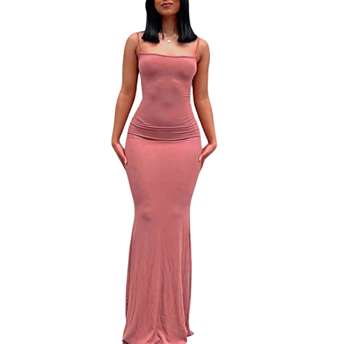 Damen Cami Bodycon Kleid Spaghetti Strap Maxikleid Rosa-S