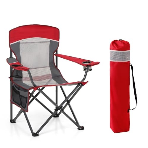 HIGH POINT SPORTS Faltbarer Campingstuhl mit Netzrücken, robuster Klappstuhl für Outdoor, Garten, Terrasse (Rot)