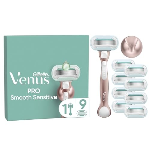 gillette venus pro smooth sensitive damenrasierer set, metall-handstück, 9 klingen, duschhalterung