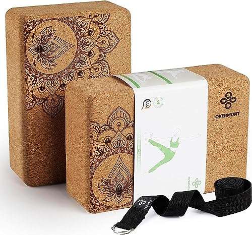 yoga blocks set von overmont, kork, 2er set mit yoga strap für fitness und meditation