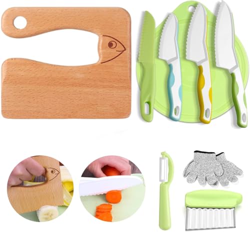 kindermesser set 9-teilig, kinder-küchenmesser, montessori messer, holzmesser, schäler, kinderhandschuhe