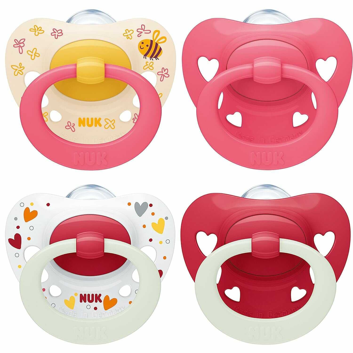 Produktbild: nuk signature babyschnuller set 4 stück rosa blau 6-18 monate silikon herzform leuchtet dunkel