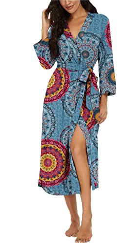 PrinStory Bademantel Damen 3/4 Ärmel V-Ausschnitt Kimono Robe lang Nachtwäsche