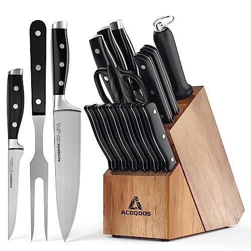 acoqoos messerset 17-teilig mit holzblock, edelstahlmesser, braun