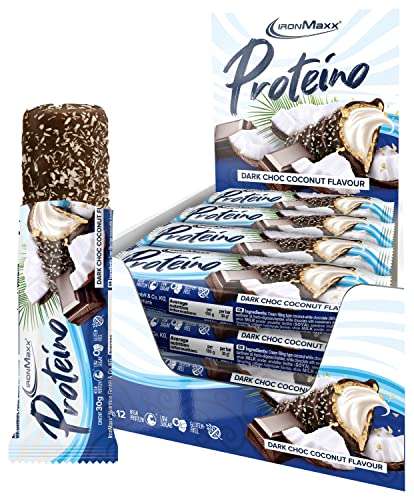 ironmaxx proteino protein bar, dunkel chocolade kokos, 12 x 30 g, glutenfrei, zuckerreduziert