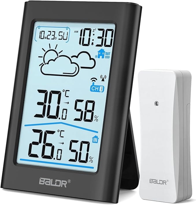 BALDR wetterstation mit außensensor, digital thermometer, hygrometer, wettervorhersage, wecker