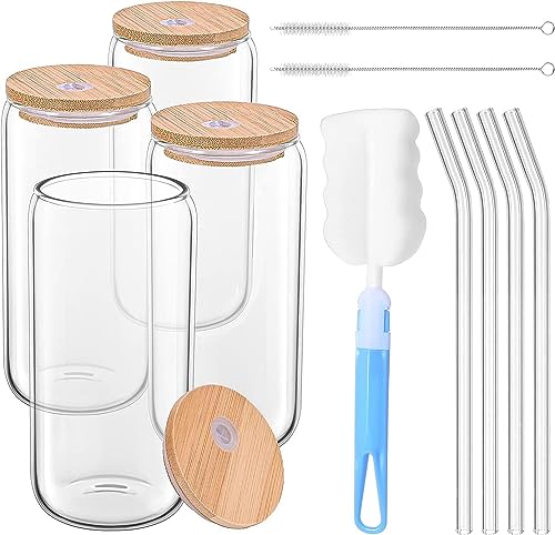 Revivoer Cocktailgläser Set, 4 PCS Iced Coffee Gläser 500 ml, Longdrinkglas mit Deckel für Eiskaffee und Cocktails