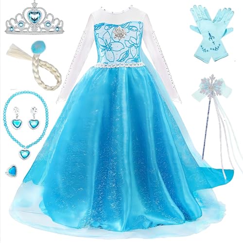 timesun kostüm prinzessin mädchen karneval cosplay blau weiß set diadem handschuhe zauberstab perücke halskette ohrringe ringe