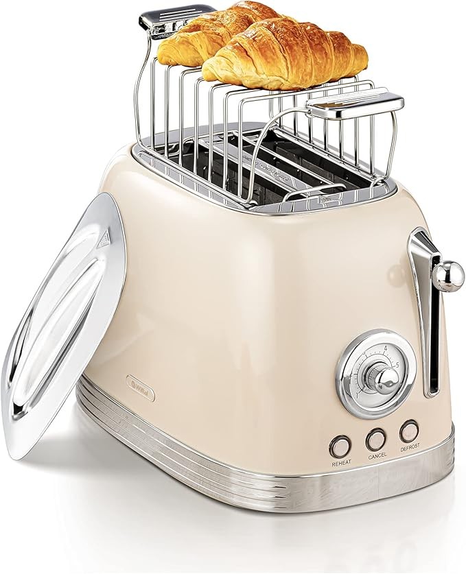 Toaster 2 Scheiben Retro Edelstahl Brötchenaufsatz Vorheizen Auftauen Timer Cremeweiß