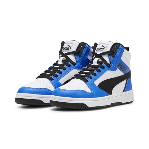 Puma Rebound V6 Mid Jr Sneaker für Kinder, 38.5 EU, Weiß/Schwarz/Blau