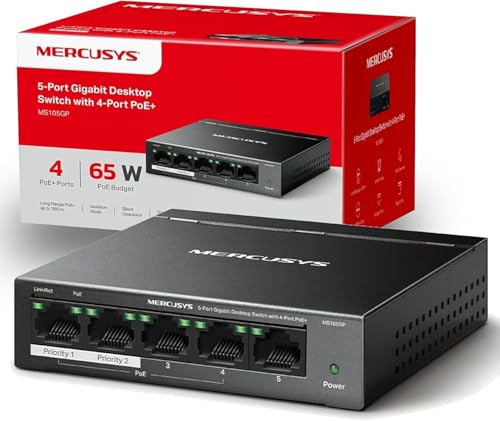 mercusys poe+ switch 5-port gigabit lan lüfterlos 65 watt metallgehäuse