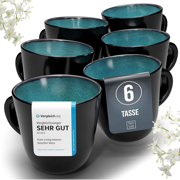 Steingut Kaffeetassen Set für 6 Personen, Mediterranes Tee- und Kaffeebecher Set, Petrol