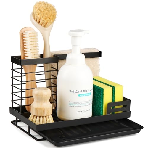 sink organiser, küchen caddy, schwamm und tuchhalter mit abtropfschale, schwarz