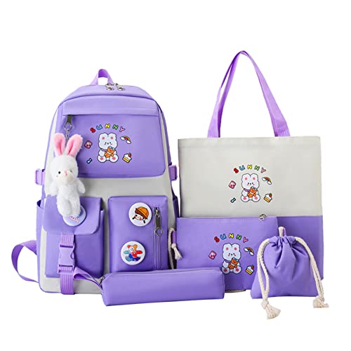 myyunhx rucksack für mädchen set, leinwand schultasche, kawaii plüsch kaninchen (lila)