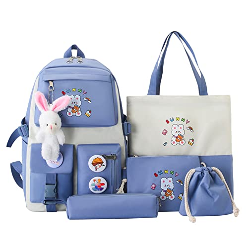 myyunhx rucksack mädchen set 5-teilig mit plüsch kaninchenanhänger und aufkleber blau