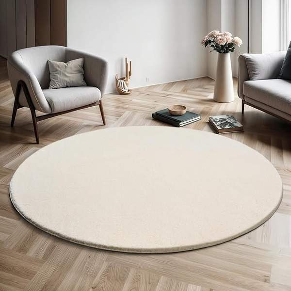 Flauschiger Kurzflor Teppich Beige 160 cm Rund, Anti-Rutsch, Waschbar bis 30 Grad