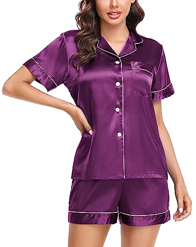 lovasy satin schlafanzug damen kurzarm pyjama set violett xl seiden nachtwäsche