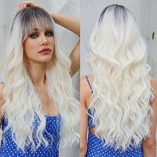 emmor ombre platinblonde perücke lang lockig mit pony hitzebeständige synthetisch