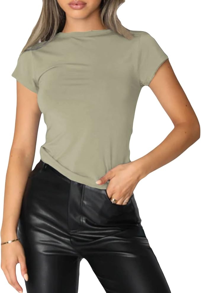 Damen Y2K Crop Top Kurzarm Rundhalsausschnitt Slim Fit T-Shirt Grün S