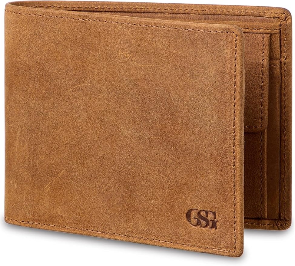 GSG Herren Geldbörse Echtleder RFID-Schutz 15 Fächer Münzfächer Hellbraun