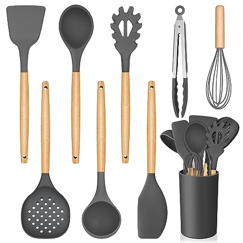 homikit silikon küchenhelfer set 9-teilig mit holzgriff hitzebeständig grau