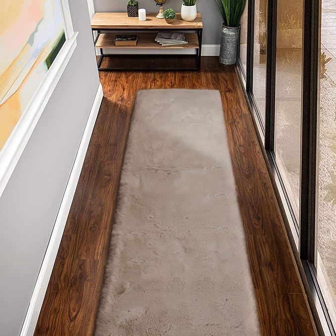 Flauschiger Kunstfell Teppich Rechteckig 60x300 cm Beige für Wohnzimmer Schlafzimmer