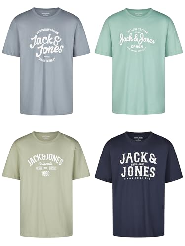 JACK & JONES Herren T-Shirt Regular Fit JJLINO 4er Pack Rundhals Kurzarm Schwarz Weiß Grün Rot