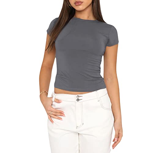 damen kurzarm t-shirt crop top casual y2k slim fit rundhalsausschnitt grau L