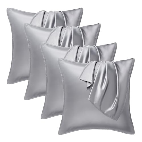 Seiwohl Satin Kissenbezug 40x40, 4 Stück Satin Kopfkissenbezug Pillowcase Kissen Bezug Kissenhülle für Haar und Haut, ähnlich wie Seide, Grau