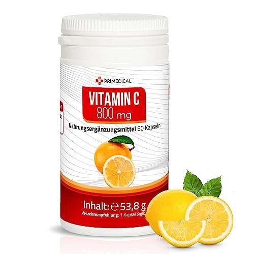 Vegan Vitamin C Kapseln hochdosiert 800 mg, glutenfrei, laktosefrei, Primedical, 60 Kapseln, 2-Monats-Pack