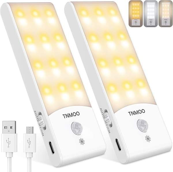 tnmoo led nachtlicht mit bewegungsmelder, 3 farbtemperaturen, usb aufladbar, 2 stück