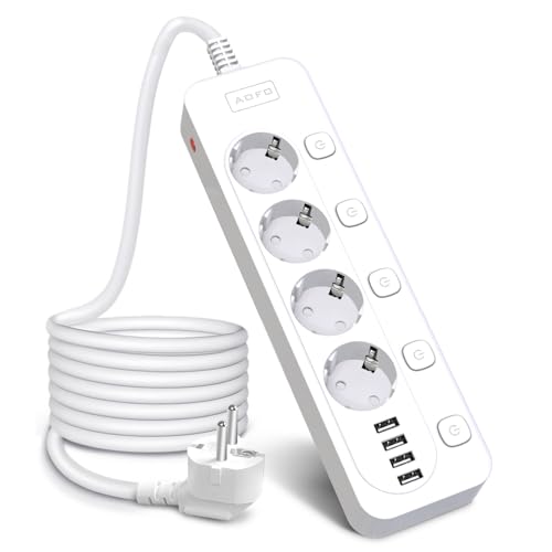 steckdosenleiste mit usb und schalter, 4-fach, aofo, überspannungsschutz, 2m kabel