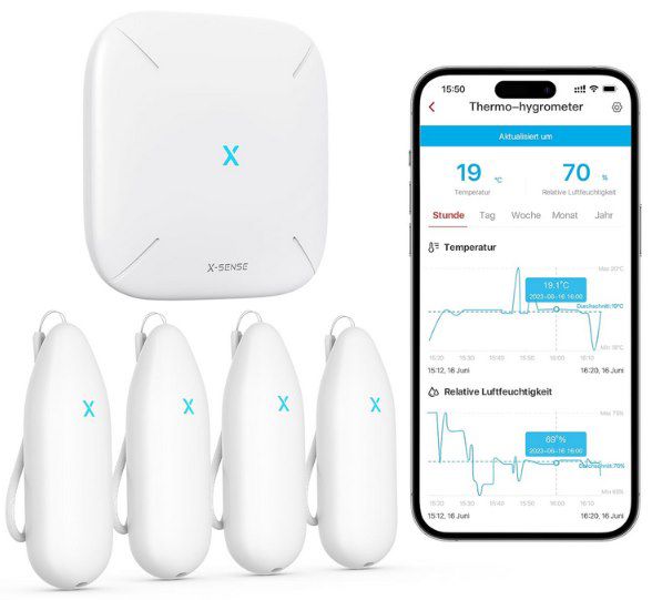 x-sense wlan hygrometer mit 4 sensoren und app-anbindung für 47,59 euro