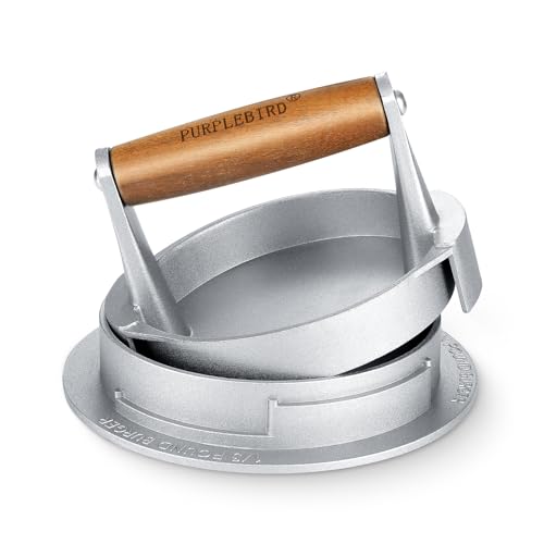 Burgerpresse PURPLEBIRD 10,8cm Aluguss mit Antihaft, einstellbare Dicke, Holzgriff