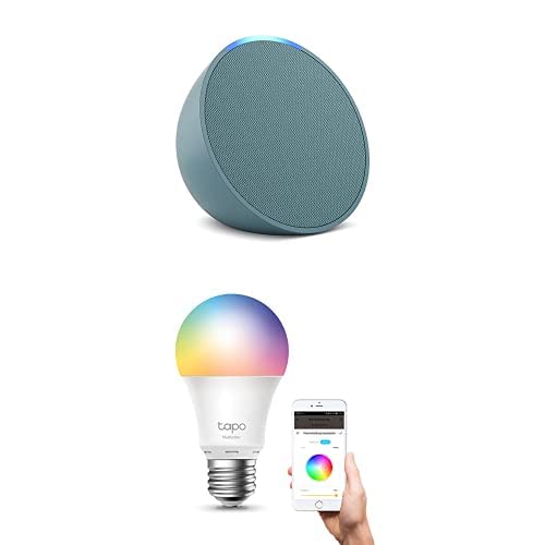 echo pop blaugrün, tp-link tapo dimmbare wlan lampe E27, kompatibel mit alexa